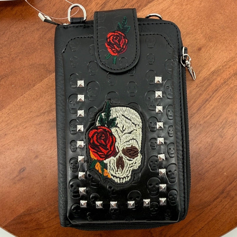 Black Skull Rose Embroidered Studded‎ Crossbody Wallet Phone Bag New